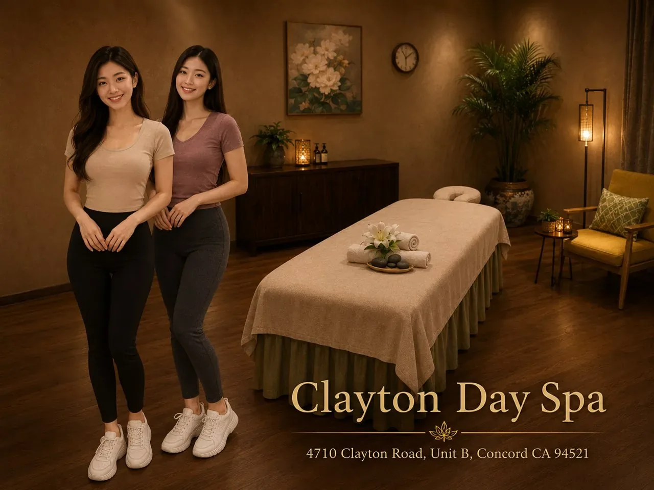 Two friendly therapists ready to help guests in a clean massage room at Clayton Day Spa in Concord CA
