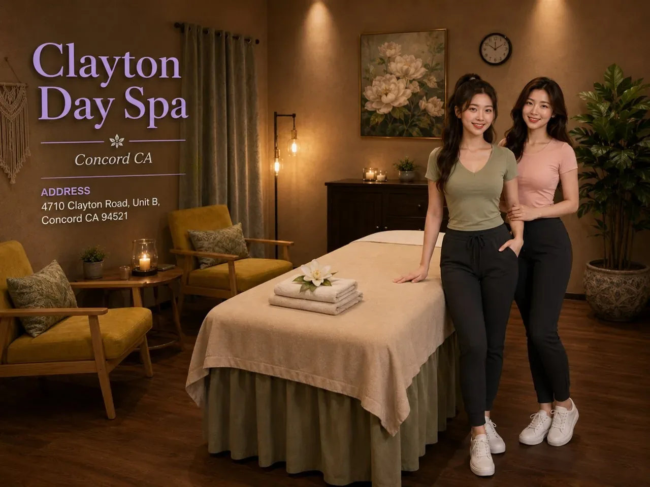 Friendly massage therapists in a warm, clean treatment room at Clayton Day Spa in Concord CA