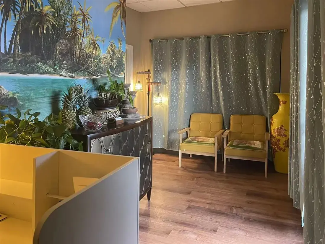 Warm, calm reception and waiting area at Clayton Day Spa in Concord CA