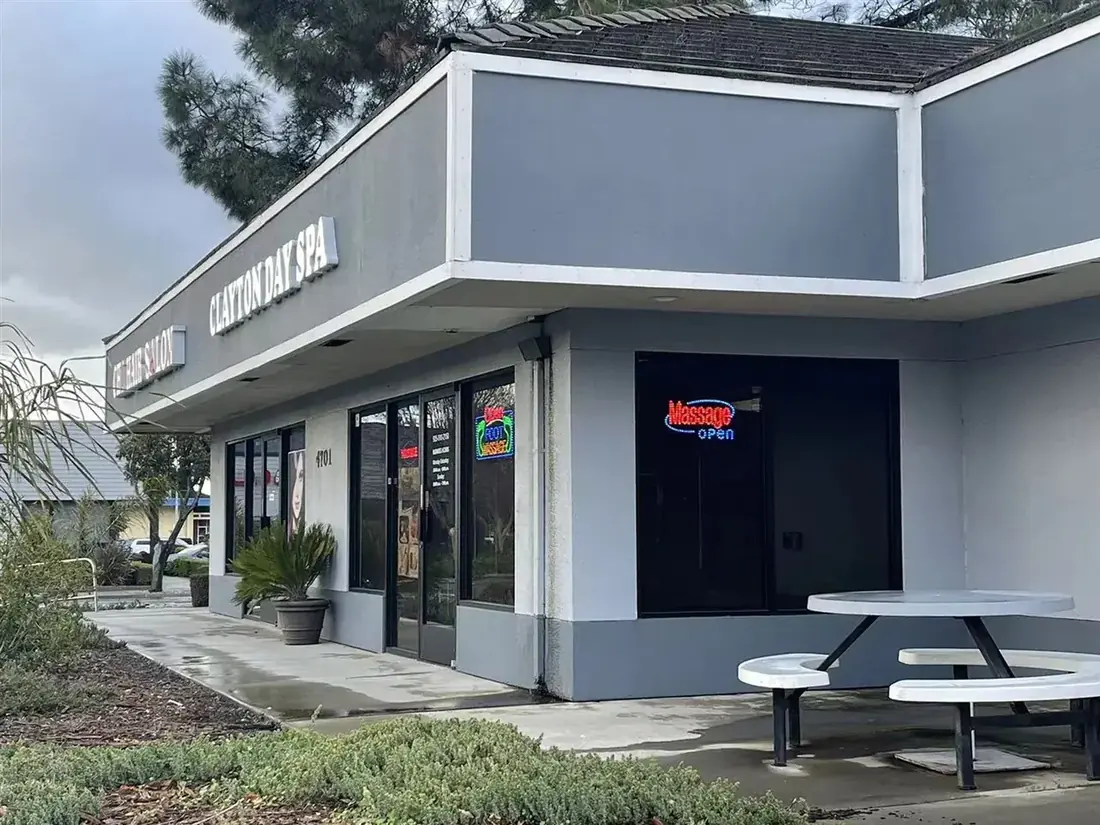 Clayton Day Spa storefront with the Massage Open sign on Clayton Road in Concord CA