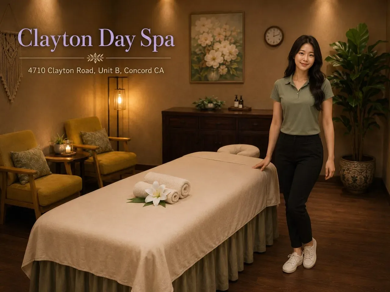 Friendly massage therapist ready to welcome guests in a clean room at Clayton Day Spa in Concord CA