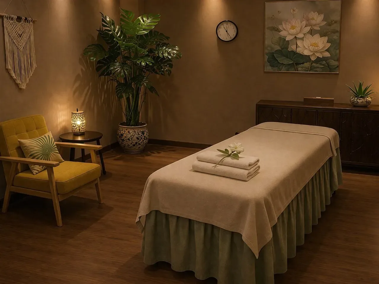Private massage room with warm lighting and seating at Clayton Day Spa in Concord CA