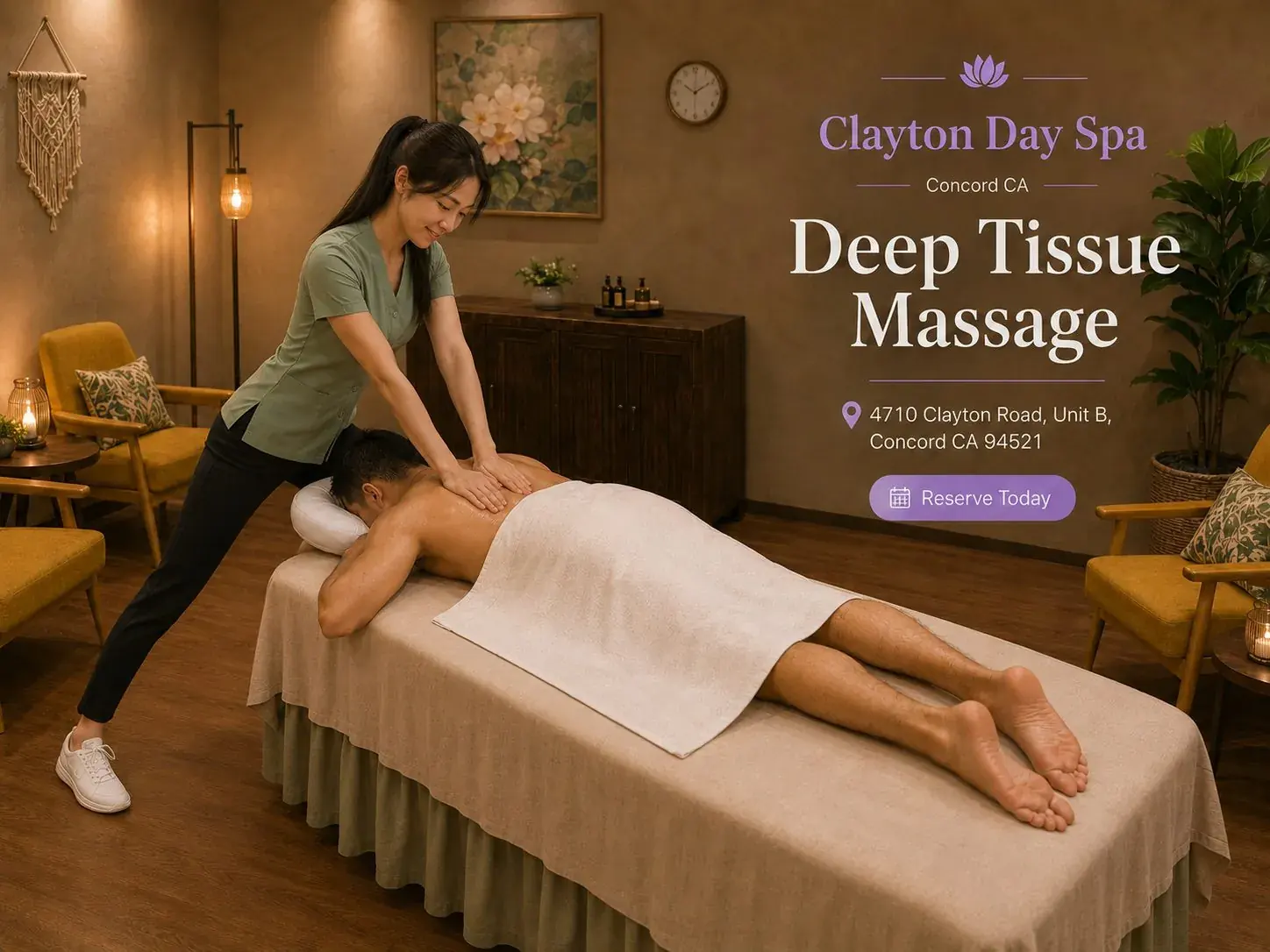 Deep tissue massage applying firm pressure to the back at Clayton Day Spa in Concord CA
