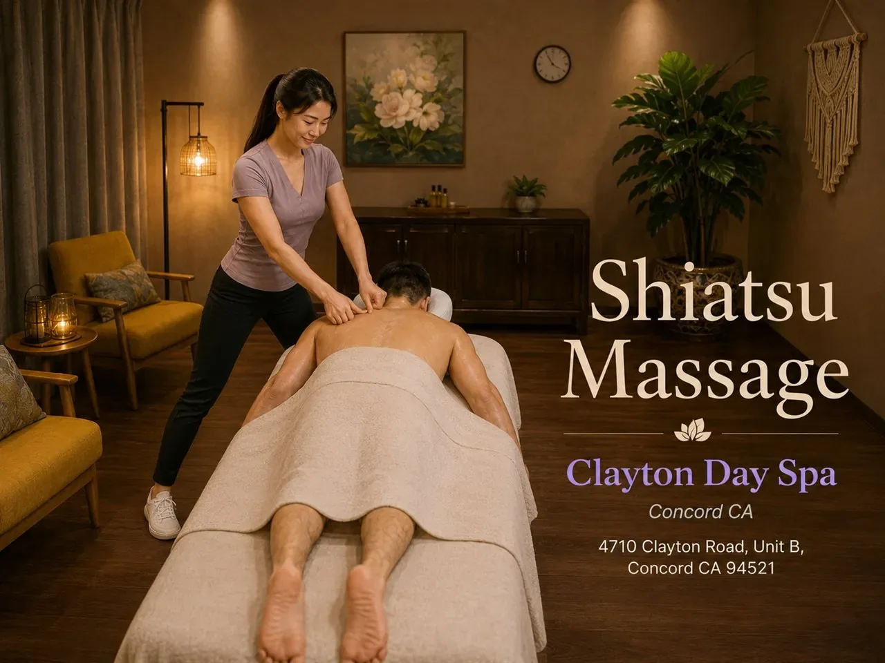Shiatsu massage applying steady finger pressure along the back at Clayton Day Spa in Concord CA