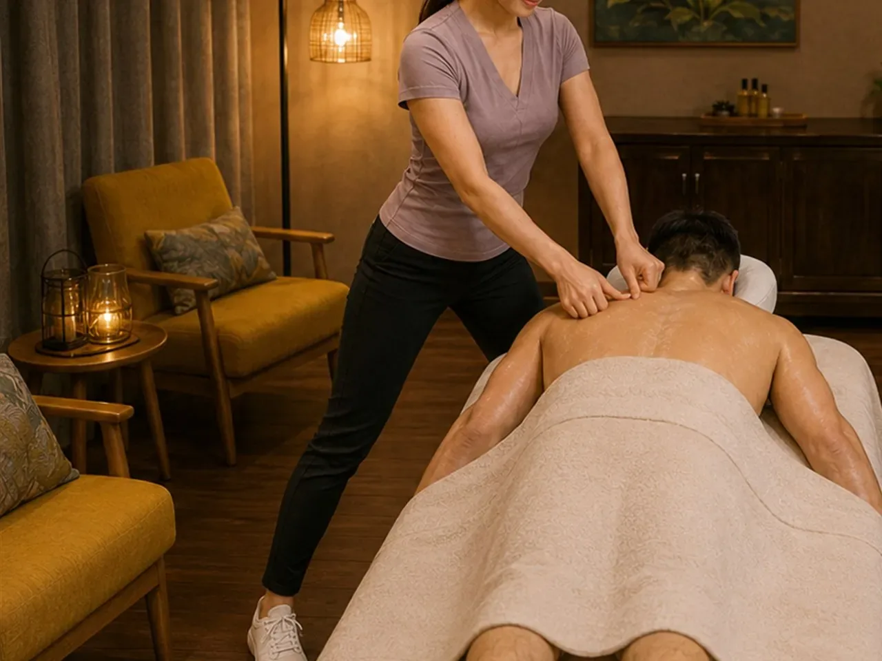 Shiatsu massage applying steady finger pressure along the back at Clayton Day Spa in Concord CA