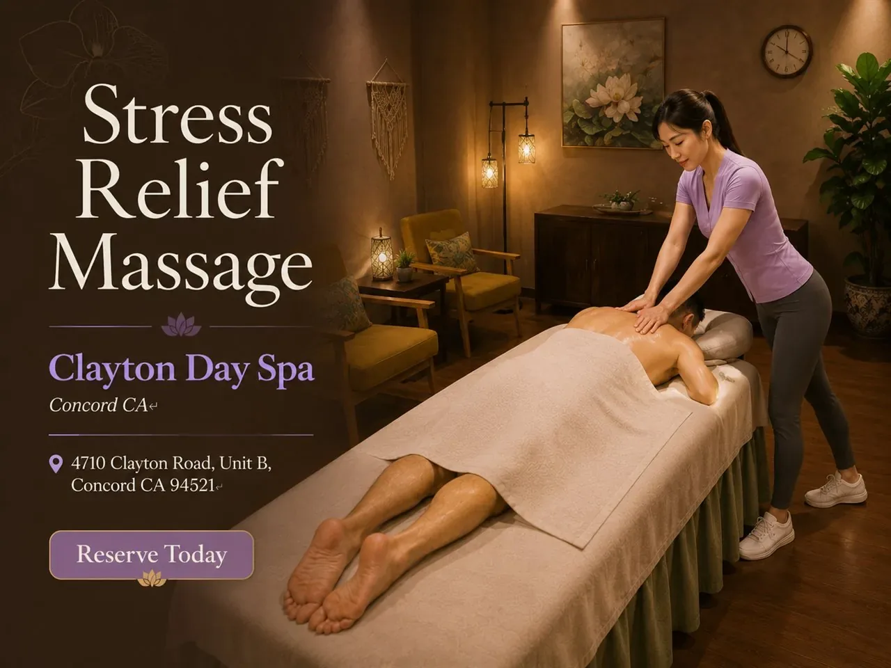 Stress relief massage easing the neck and shoulders at Clayton Day Spa in Concord CA